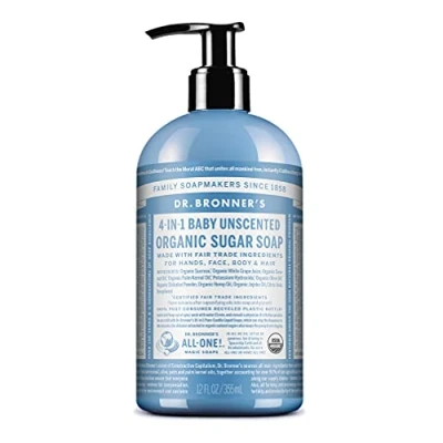 Image of Dr Bronner’s 4 in 1 Organic Unscented Baby Sugar Soap, Made with Oils, &amp; Shikakai Powder. For Hands, Body, Face Hair, Fair Trade Certified Vegan Friendly, 335 ml Recycled Pump Bottle