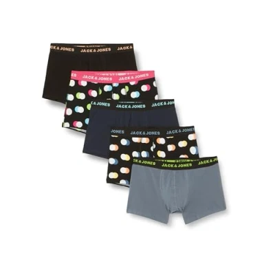 Image of JACK &amp; JONES Men&#039;s Jacreese Trunks 5 Pack Boxer Shorts, Black/Pack:Black Black Navy Blazer Vintage Indigo, S
