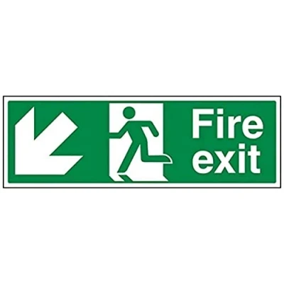 Image of V Safety Fire Exit Arrow Down Left Sign Landscape 450mm x 150mm 1mm Rigid Plastic, Green
