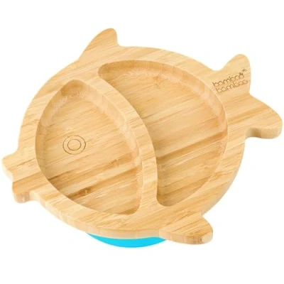 Image of Bamboo Baby Plate and Toddler Plate, Suction for Feeding Weaning, Fish with Secure Suction, Plates Babies from 6 Months (Fish, Blue)