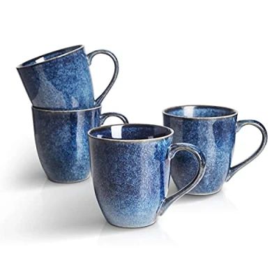Image of vicrays Porcelain Tea Mug Set of 4, 350 ml, Stoneware Coffee for Men, Women, Unique Glazed Mugs with Handle Coffee, Tea, Milk, Cocoa, Cereal (Blue)