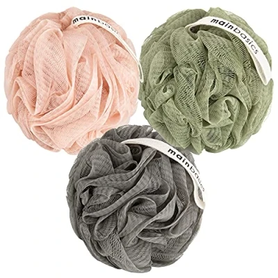 Image of MainBasics Bath Shower Loofah Sponge Pouf Body Scrubber Exfoliator Wash (Set of 3, Earthy Love)