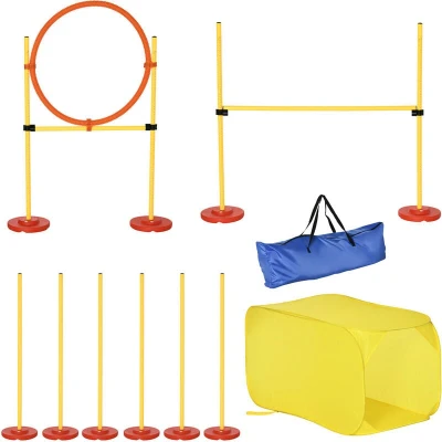 Image of PawHut Portable Pet Agility Training Obstacle Set for Dogs w/Adjustable High Jumping Pole, Ring, Turnstile poles, Tunnel