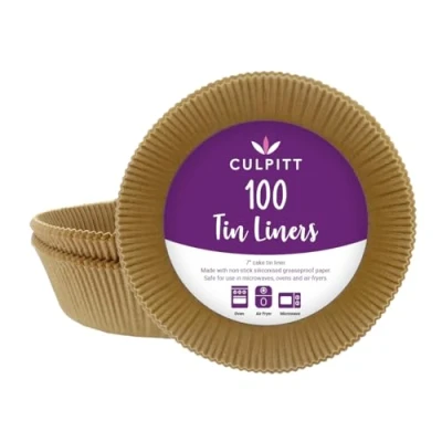 Image of Culpitt 7&quot; Air Fryer Liners, 100 Pack, Non Stick Siliconised Greaseproof Paper for Baking Cakes, Pies, Tarts, Round Cake Tin Made in The UK