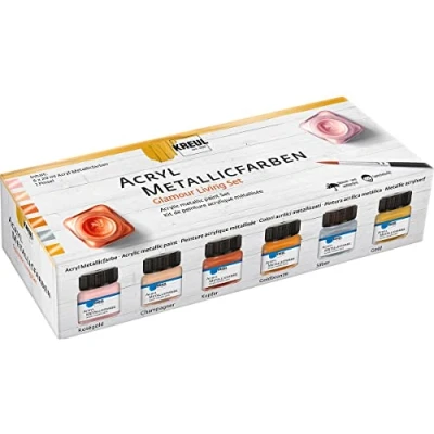 Image of Kreul 77601 Acrylic Metallic Paints in Colour Living Set, 6 x 20 ml Paint and a Brush, Glamorous with Effect on Water Based, Creamy, Opaque, Quick Drying Waterproof