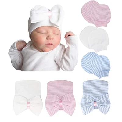 Image of DRESHOW Newborn Baby Hat and Mittens, 3 Hats Pairs Mittens for Babies, Boys, Girls,Ages 0 Months