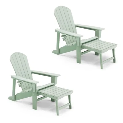 Image of VonHaus Set of 2 Green Adirondack Chair &amp; Folding Foot Stool Waterproof HDPE Garden Lounger with Foldable Sliding Rest, Wide Armrests Sloped Back For Patio, Balcony Outdoors