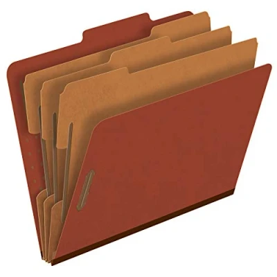 Image of Pendaflex Pressboard Classification File Folders, 3 Dividers, 2&quot; Embedded Fasteners, 2/5 Tab Cut, Letter Size, Red, Box of 10 (1357R)
