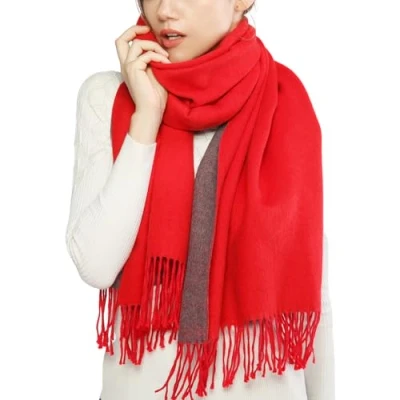 Image of Winter Cashmere Wool Scarf Pashmina Shawl Wrap for Women Long Large Warm Thick Reversible Scarves Red and Grey