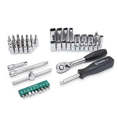 Image of SATA ST09002SJ 52 Piece 1/4 Inch Drive 6 Point Metric Socket Set with Quick Release Ratchet and 3 Way Adapter, Polished, in Storage Case