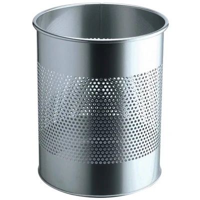 Image of Durable Metal Round Waste Bin Silver 15 Litre Capacity Stylish 165 mm Perforated Ring Basket for Offices, Schools, Home, etc.