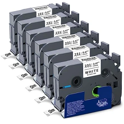 Image of 6X XemaX Label Tape Compatible for Brother Printer 12mm TZe 231 Black on White P Touch Maker PT E110 H100R H100C H105 H110 E550W 1010 E100 H108