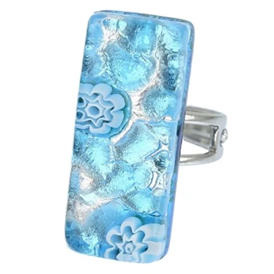 Image of GlassOfVenice Murano Glass Venetian Reflections Rectangular Adjustable Ring Aqua Silver