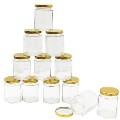 Image of 12x Glass Jam Jars with Lids Wide Mouth 300ml Preserve Pots Hexagonal Storage Jars, Screw Top Red Gingham Lids, Airtight Pickling Chutney, Kitchen Spice and Labels
