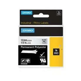 Image of DYMO RhinoPRO Permanent Adhesive Polyester Fabric Thermal Transfer Label Tape, 1/2 inch (12 mm), Black Type on Clear, (622289)