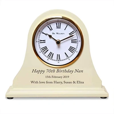 Image of De Walden Girl&#039;s 70th Birthday Gift Engraved Wooden Mantel Clock Beige 15cm x 18cm 70 Years Girls Gifts