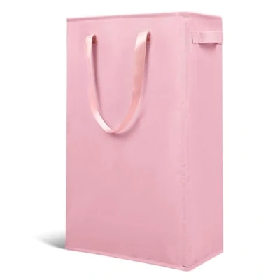 Image of Odonata Slim Laundry Hamper Handles Collapsible Basket Thin Dirty Clothes Narrow Bag Foldable 45L (Pink)