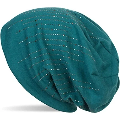 Image of styleBREAKER Beanie hat with Rhinestone Rivets in Classic Stripe Design, Slouchy Long Beanie, Unisex 04024086, Colour:Petrol