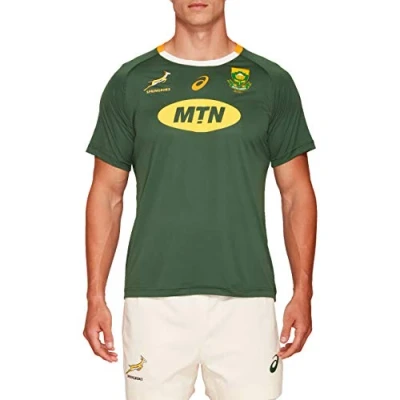 Image of ASICS Mens South Africa Springboks 2019/20 Home Supporters Rugby T Shirt Tee Top Green