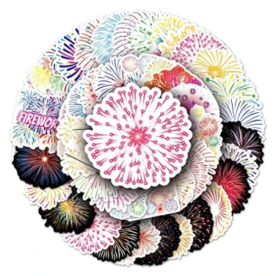 Image of 50Pcs Fireworks Stickers Laptop Car Scrapbook Phone Skateboard Suitcase Luggage Bike Vinyl Waterproof Aesthetic Personalised for Teens Boys Girls Adults Children