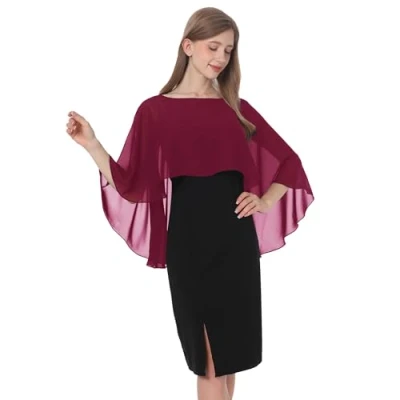 Image of Baoqiya Women&#039;s Capelet Shawls and Wraps for Evening Dresses Soft Bridesmaid Shawl Chiffon Cape Wedding Cover Up, Burgundy, One Size