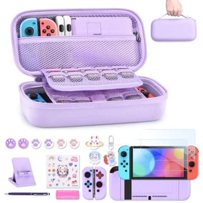 Image of Switch Case for NS 18 in 1 Accessories Bundle with Carrying Case, Game Screen Protector, Stand, Thumb Grips(Purple)