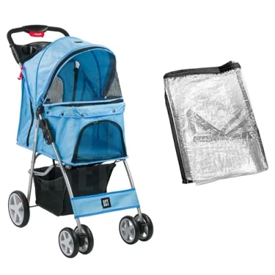 Image of KCT Hooded Foldable Pet Dog Cat Stroller with Rain Cover Blue 4 Wheel Travel Carriage Safety Leash,Canopy, Cup Holder, Storage Tray