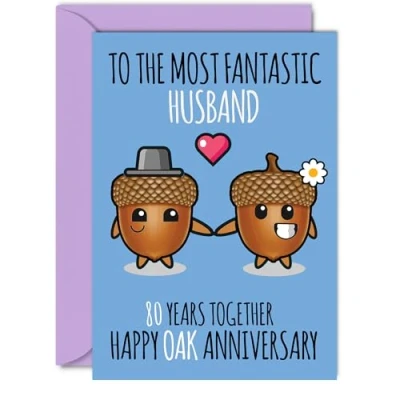 Image of Cute Oak Anniversary Card for Husband 80 Years Together Happy 80th Wedding Cards from Wife, A5 Greeting Eightieth Anniversaries