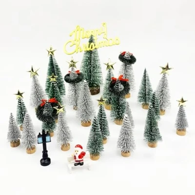 Image of MEGANEOPRE Small Christmas Tree,Mini Tree, Pine Tree with Wooden Bases for Xmas Holiday Party Home Tabletop Decor (42pcs kit)