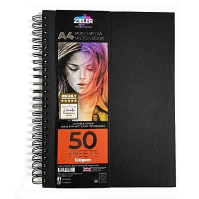 Image of Hardback Spiral Mixed Media Sketch Book 150gsm 50 Sheets by Zieler. Ideal for use with Pencils, Charcoal, Graphite, Pastels &amp; Light Watercolour. Perforated Acid Free Portrait (A4)