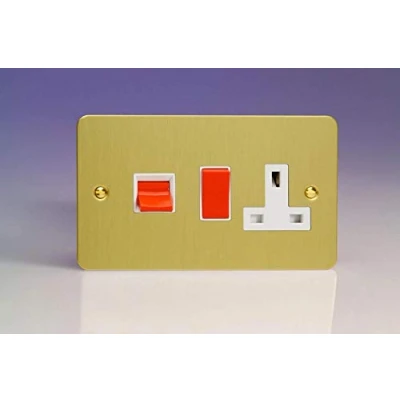Image of XFB45PW Varilight Ultra Flat Plate Brushed Brass 45A Cooker Switch &amp; 13A Plug Socket White Insert