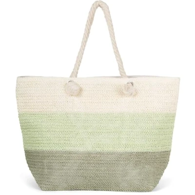 Image of styleBREAKER Women&#039;s Paper Straw Beach Bag with 3 Color Striped Pattern, Woven Zipper, Shoulder 02012406, Colour:Olive Lindengreen Cream