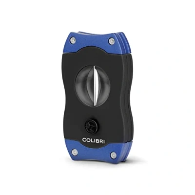 Image of Colibri V Cut Cigar Cutter Black With Blue Finish Spring Loaded Release Deep 7mm Up to 60+ Ring Gauge Cigars Ergonomic Design