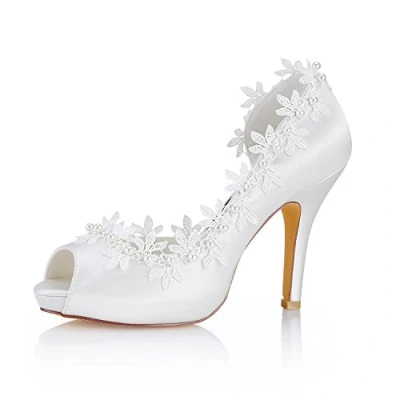 Image of Emily Bridal Ivory Wedding Shoes Silk Peep Toe Lace Detail Women High Heels (EU40/UK7, Ivory)