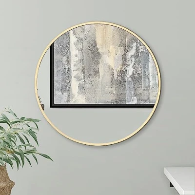 Image of Americanflat 50 cm Aluminium Framed Gold Round Mirror for Wall Circle Bedroom, Entryway, and Living Room Decor Bathroom with Hanging Hardware Included