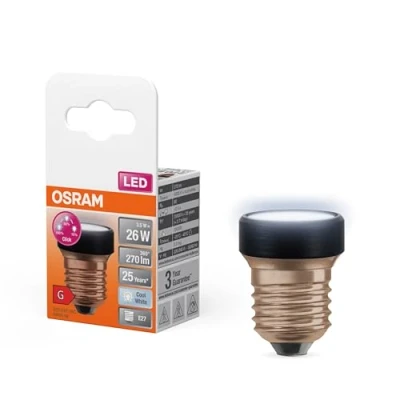 Image of OSRAM Star Flat LED 3.5W (as 26W), 270lm/4000K, Cool White 840, Frosted, Plastic in Black, with E27 Screw, 3 Way Dimmable by Wall Switch, Diameter 35 mm.