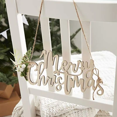 Image of Ginger Ray Wooden Eco Merry Christmas Chair Back Table Hanging Bunting Decorations with Foliage
