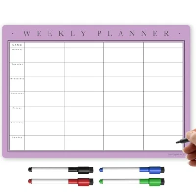 Image of TMS Magnetic Weekly Planner and Organiser A3 Fully Customisable Whiteboard for Family or Business Tasks Meal Planning with 4 Free Dry Wipe Pen (Aubergine, A3)
