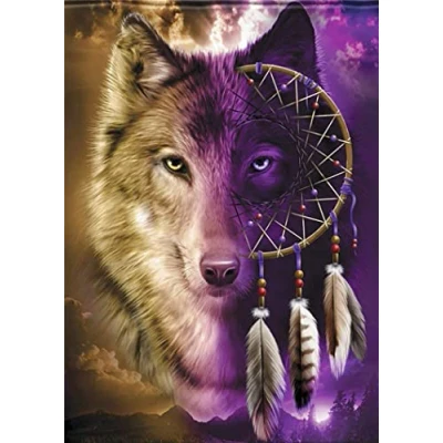 Image of OWN4B Cross Stitch Kits Stamped, Wolf and Dreamcatcher Printed Pattern 11CT 14.2x18.1 inch DIY Embroidery Kit (Wolf)