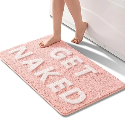 Image of QJHOMO Get Naked Bath Mat Pink and White Bathroom Mats 60 x 90 cm, Non Slip for Bathroom, Colourful Letters Soft Microfiber mat, Machine Washable Rug