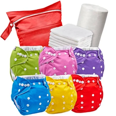 Image of Reusable Nappies Eco Friendly and Chemical Free Cloth Includes 6 Washable Baby Diapers, Bamboo Nappy Inserts, 1 Roll of Biodegradable Liner, Wet Bag