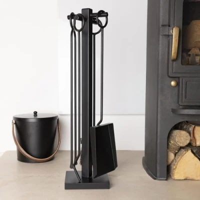 Image of CHARLES BENTLEY Fireside Companion Set, Snug, Palm, Fireside, Tongs, Poker, Coal, Shovel, Natural, Coco, Fiber Brush, Iron Tool Stand, Fire Tools, Traditional, Handles, Holder (61x15cm)