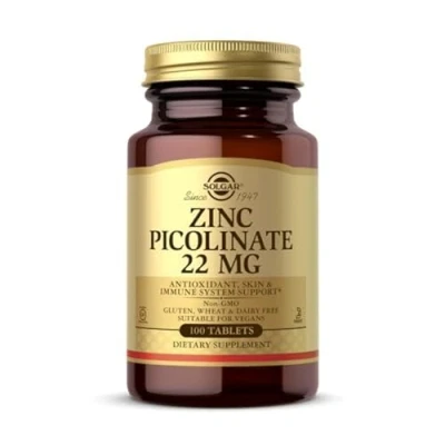 Image of Solgar Zinc Picolinate 22 Mg Tablets Healthy skin, hair and nails Highly absorbable premium form, Easy to Swallow Vegan, Pack of 1, 100