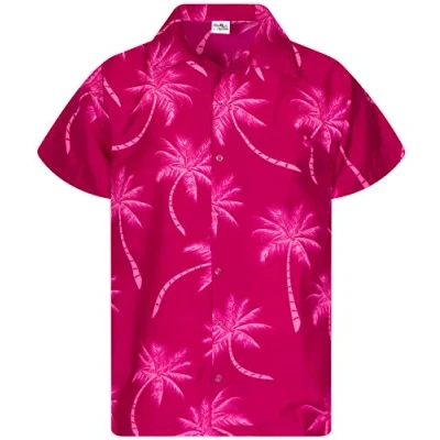Image of King Kameha Men&#039;s Shirt Short Sleeve Casual Button Down Hawaii Vacation, Palm Shadow, Magenta Pink, XS