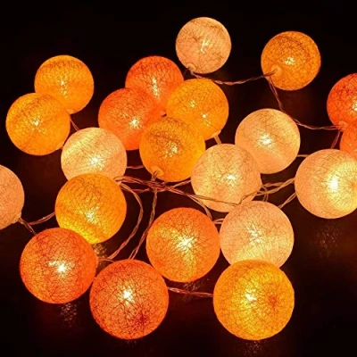 Image of Treer Cotton Ball String Fairy Lights Christmas Tree Balls Light Warm White LED Night Battery Garland Lamp Home Party Wedding Garden Indoor Xmas Decoration (5M 50 Balls,Orange)