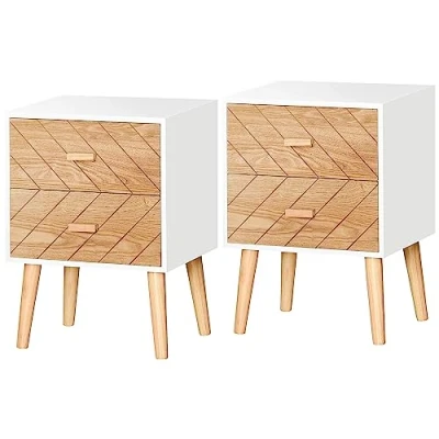 Image of HOMCOM 2 Drawers Bedside Table with Pine Legs, Bedroom Wooden Storage Cabinet, Set of 2, Natural
