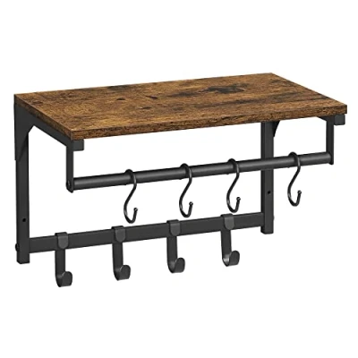 Image of VASAGLE LCR103B01 Wall Coat Rack with 8 Hooks and Shelf for Living Room, Hallway, Bedroom, 40 x 24 cm, Rustic Brown Black