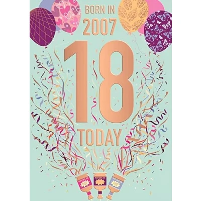Image of Words &#039;n&#039; Wishes Female 18th Birthday Card Happy Age 18 with Born in 2007 Confetti and Balloons Design Embossed Foil Details for Women