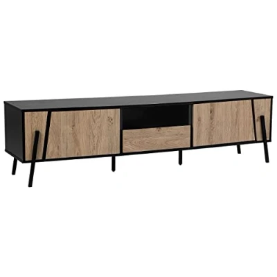 Image of Beliani TV Stand Dark Wood Front Black Top Metal Legs Storage Cabinets Drawer Blackpool