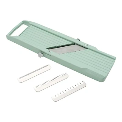 Image of Benriner BN 1GR Japanese Handheld Mandolin Slicer with Three Interchangeable Stainless Steel Blades Ivory, Vegetable Fruit Cutter Peeler, Steel, Green